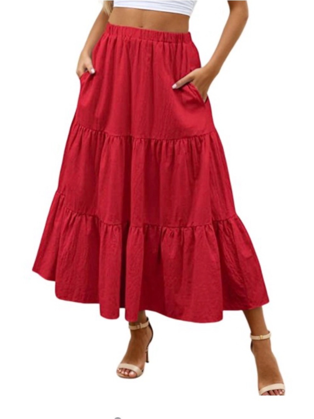 Tiered Pockets  Solid Red Color High Waist Flowy  Boho Mid Skirt M